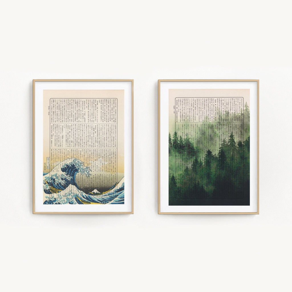 The Great Wave off Kanagawa - Katsushika Hokusai & Japanese Misty Forest - Japanese Art Print - Book Page Art - Art on Words